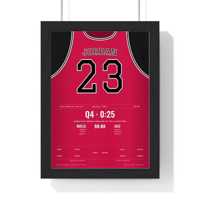 Michael Jordan 1997 NBA Finals Game 5 Poster - Chicago Bulls 23 Flu Game Jersey Print framed in a black frame, ready to hang