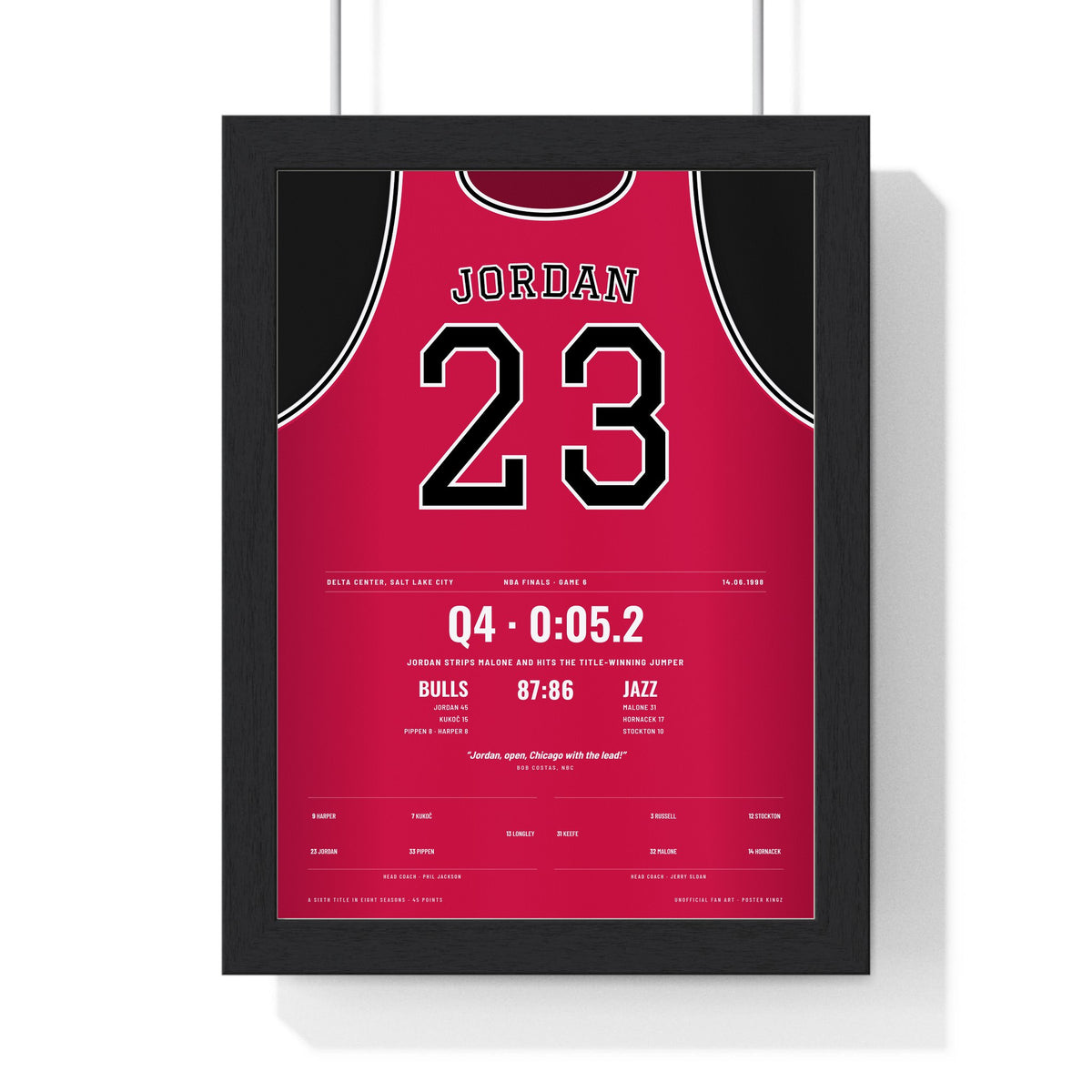Michael Jordan 1998 NBA Finals Game 6 Poster - Chicago Bulls 23 Title-Winning Shot Jersey Print framed in a black frame, ready to hang