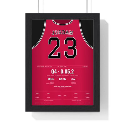 Michael Jordan 1998 NBA Finals Game 6 Poster - Chicago Bulls 23 Title-Winning Shot Jersey Print framed in a black frame, ready to hang