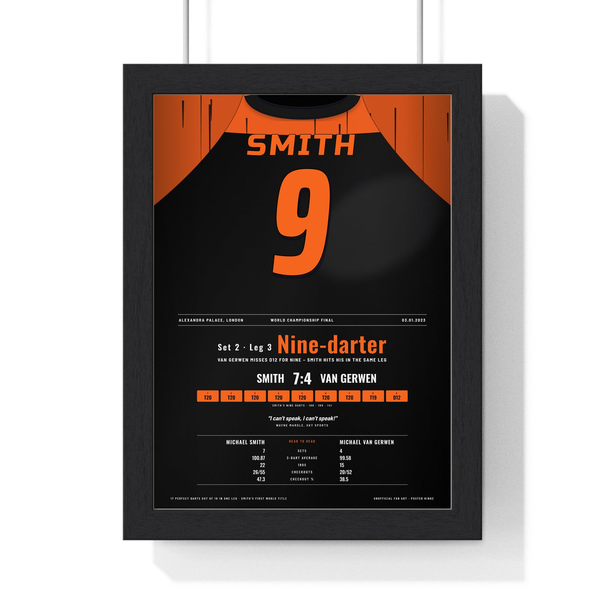 Michael Smith World Darts Final 2023 Darts Poster - Nine-Darter v Van Gerwen Shirt Print framed in a black frame, ready to hang