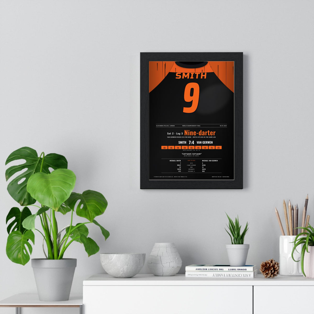 Michael Smith World Darts Final 2023 Darts Poster - Nine-Darter v Van Gerwen Shirt Print framed on a living room wall