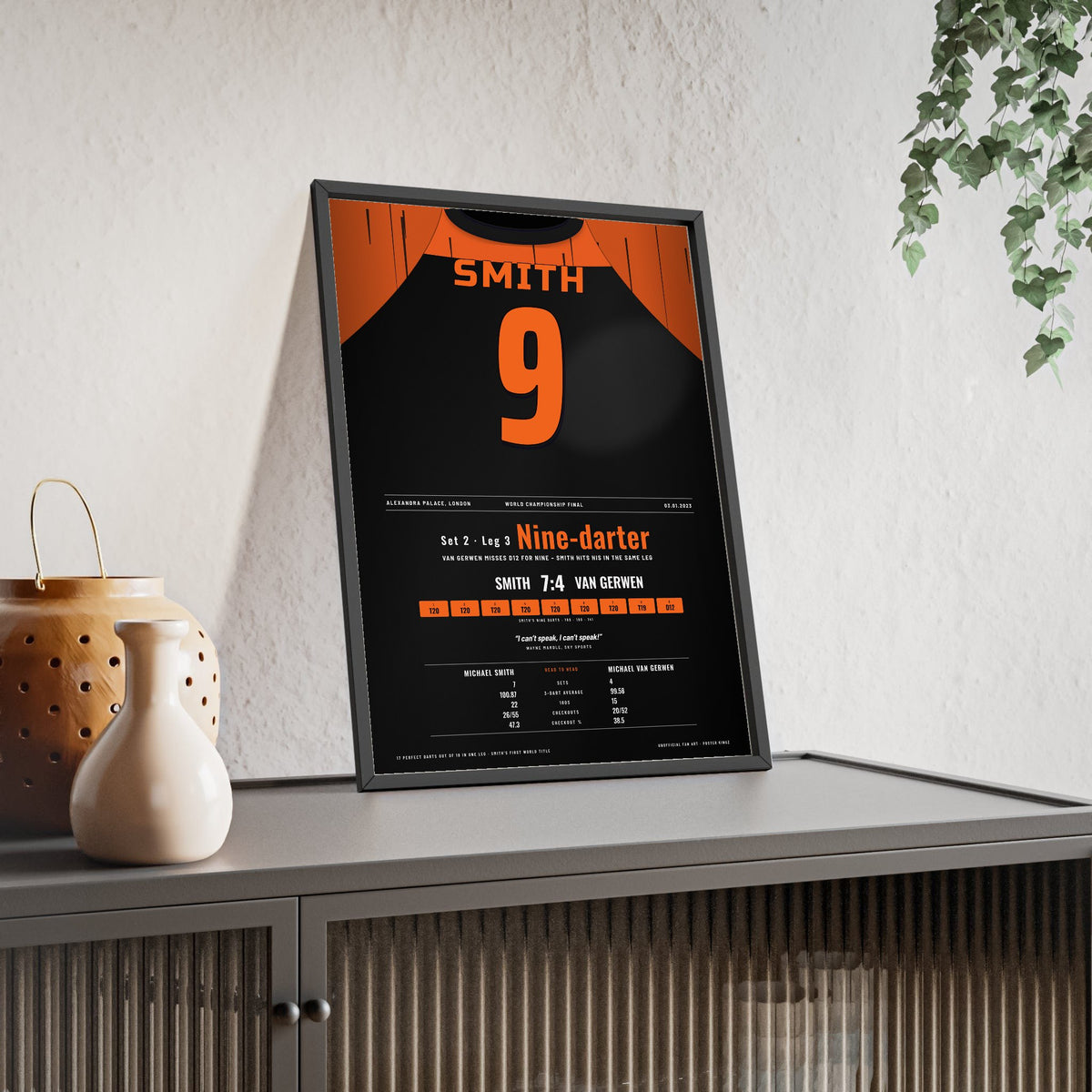 Michael Smith World Darts Final 2023 Darts Poster - Nine-Darter v Van Gerwen Shirt Print framed and leaning on a sideboard