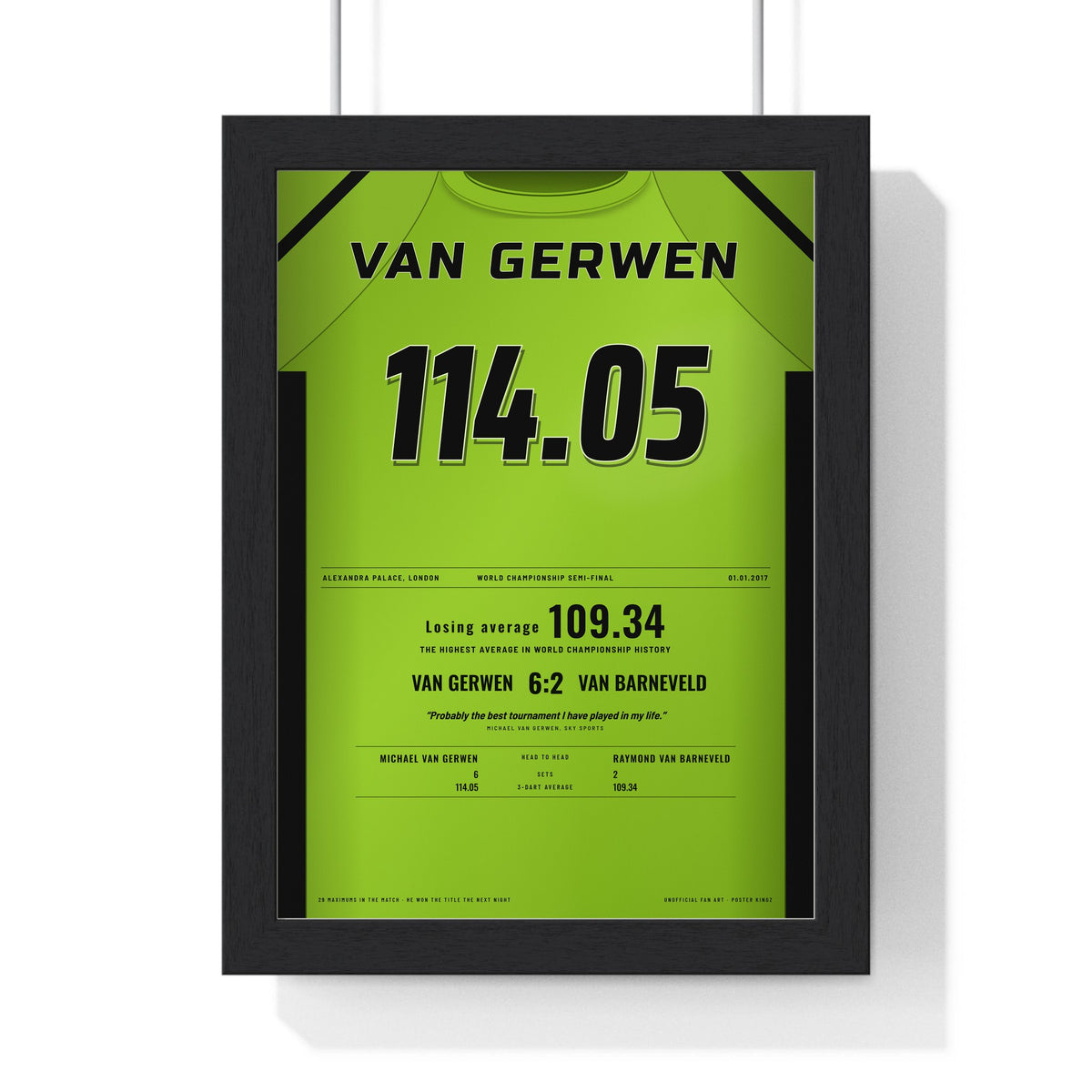 Michael van Gerwen World Darts 2017 Darts Poster - 114.05 Record Average Shirt Print framed in a black frame, ready to hang
