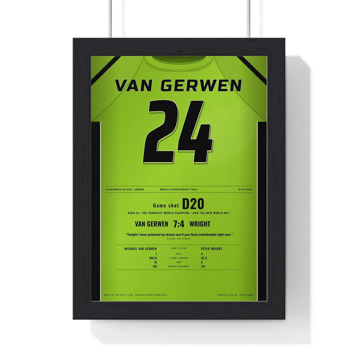 Michael van Gerwen World Darts Final 2014 Darts Poster - Youngest Champion Shirt Print framed in a black frame, ready to hang