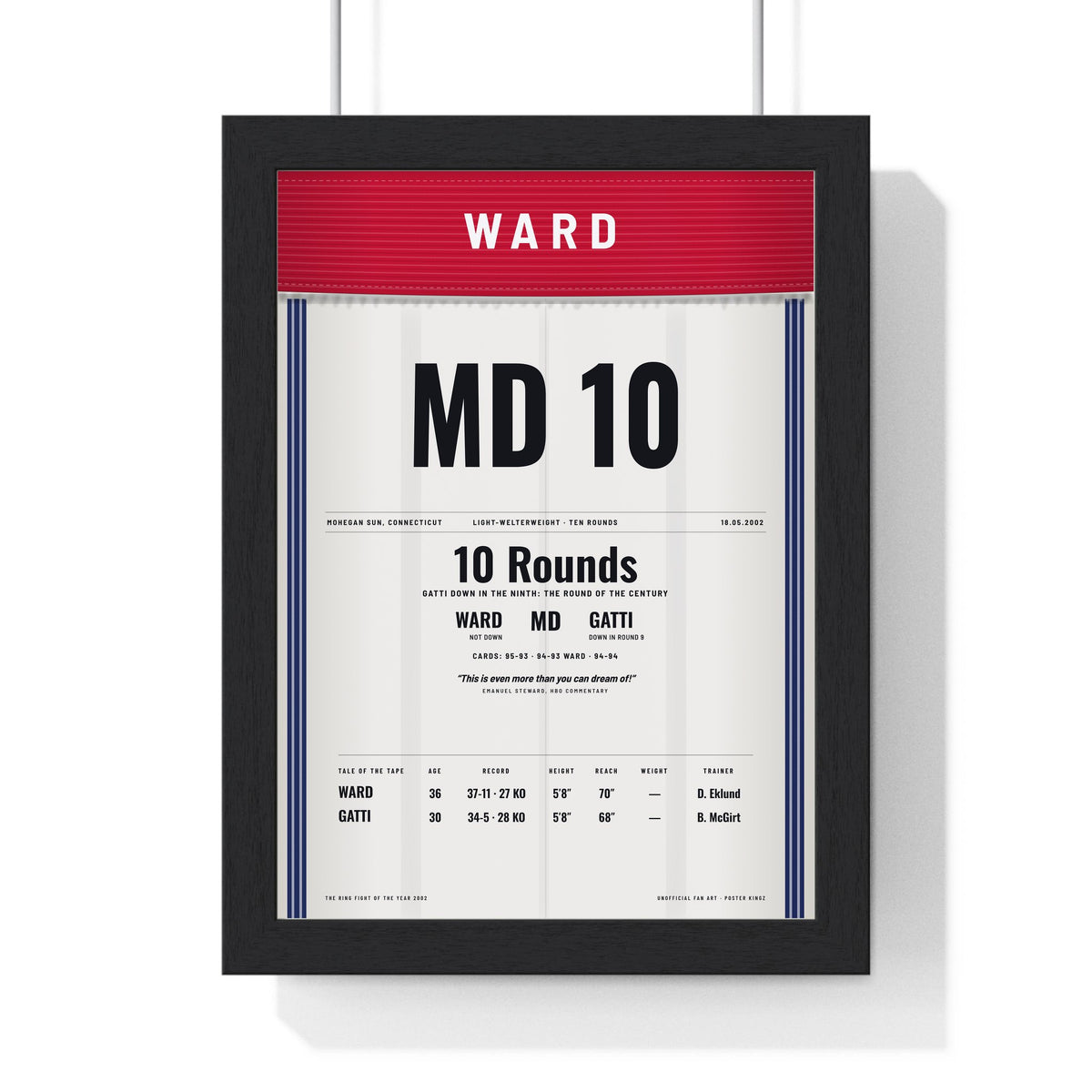 Ward v Gatti 2002 Boxing Poster framed in a black frame, ready to hang