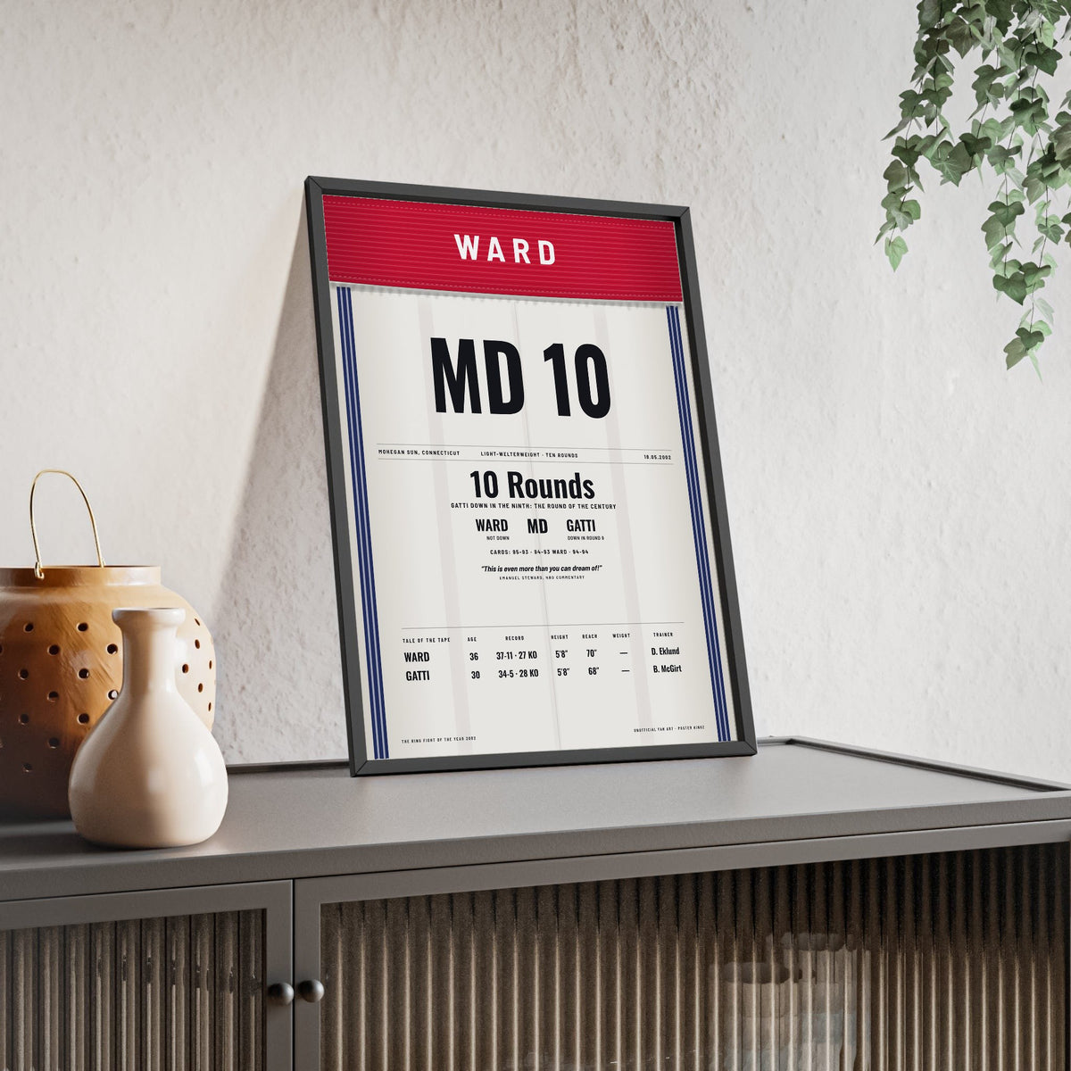 Ward v Gatti 2002 Boxing Poster framed and leaning on a sideboard