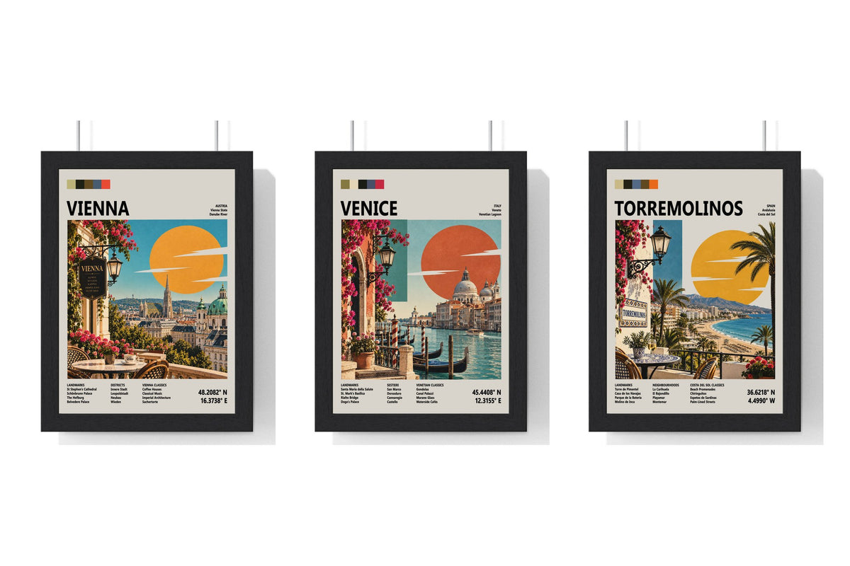 Build Your Own Travel Poster Set - set of Vienna Mid Century Travel Poster, Venice Mid Century Travel Poster, Torremolinos Mid Century Travel Poster