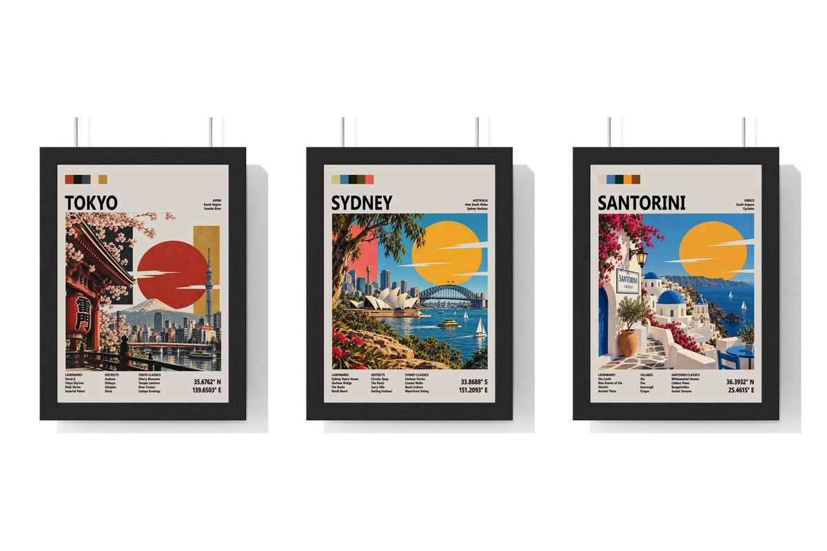 Build Your Own Travel Poster Set - set of Tokyo Mid Century Travel Poster, Sydney Mid Century Travel Poster, Santorini Mid Century Travel Poster