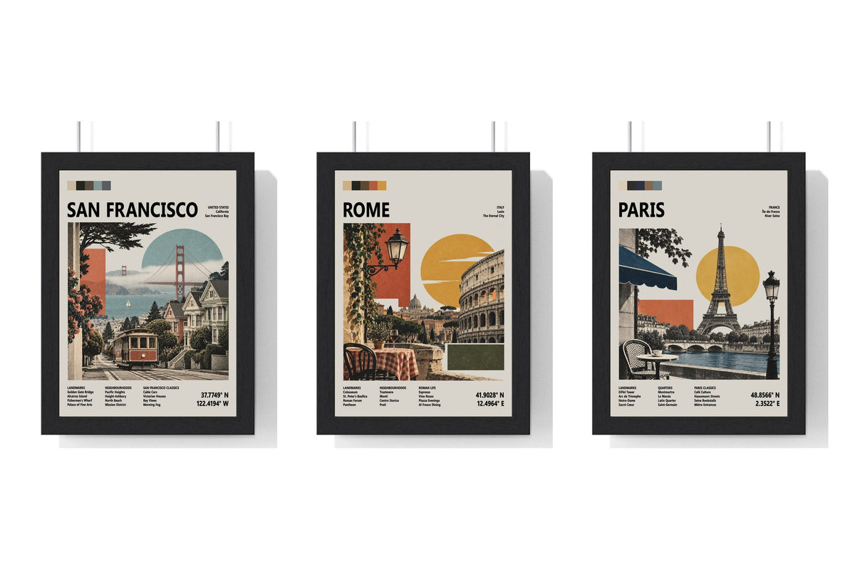 Build Your Own Travel Poster Set - set of San Francisco Mid Century Travel Poster, Rome Mid Century Travel Poster, Paris Mid Century Travel Poster