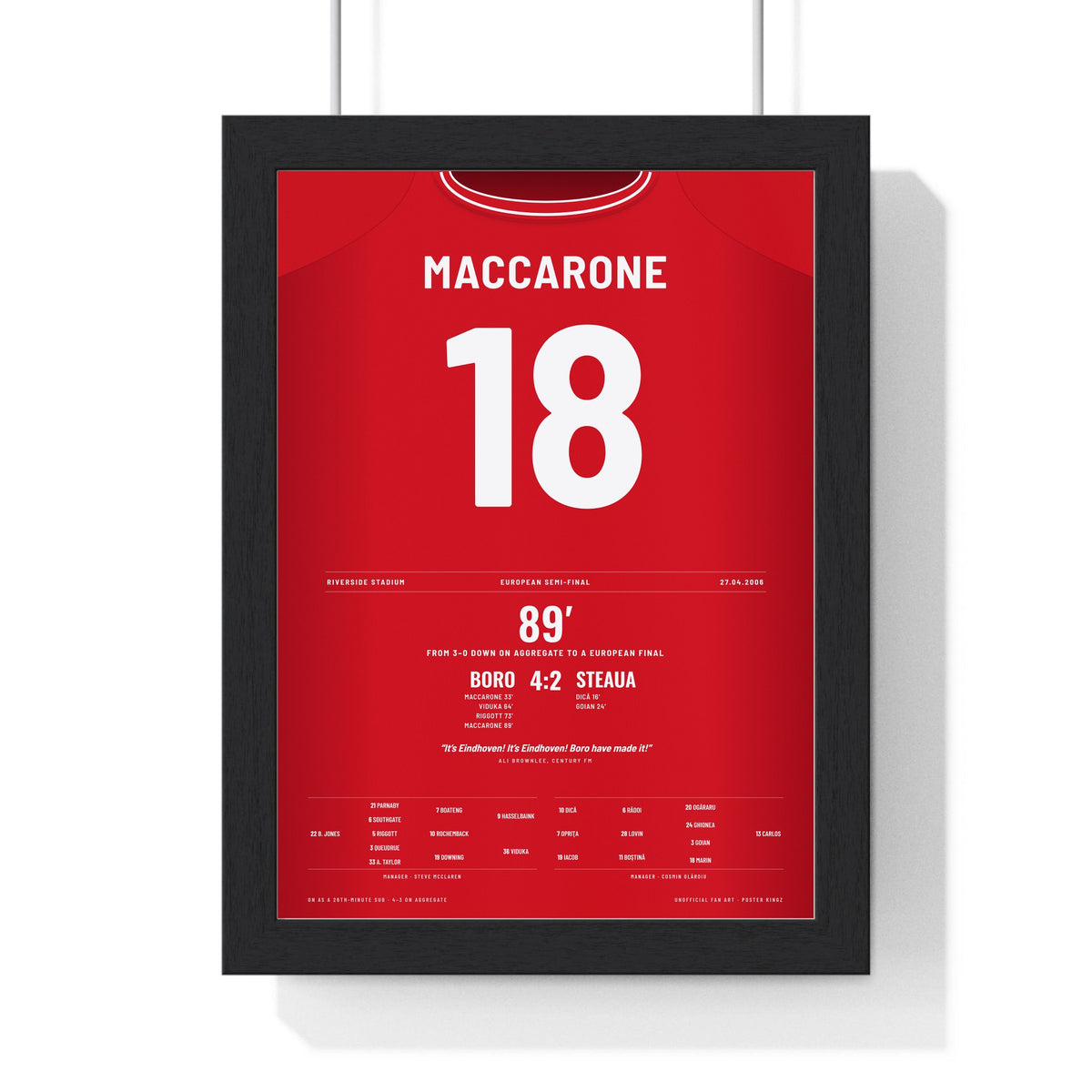 Middlesbrough 4-2 Steaua UEFA Cup Semi-Final 2006 Poster - Maccarone 18 framed in a black frame, ready to hang