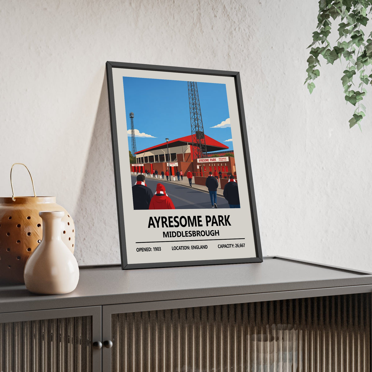 Middlesbrough Ayresome Park Stadium Print framed and leaning on a sideboard