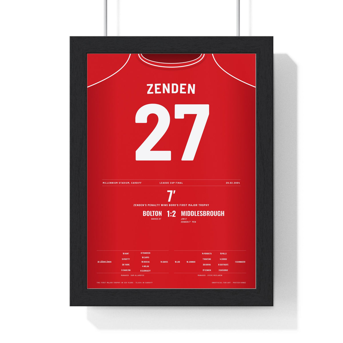 Middlesbrough League Cup Final 2004 Poster - Bolo Zenden 27 Cardiff Shirt Print framed in a black frame, ready to hang