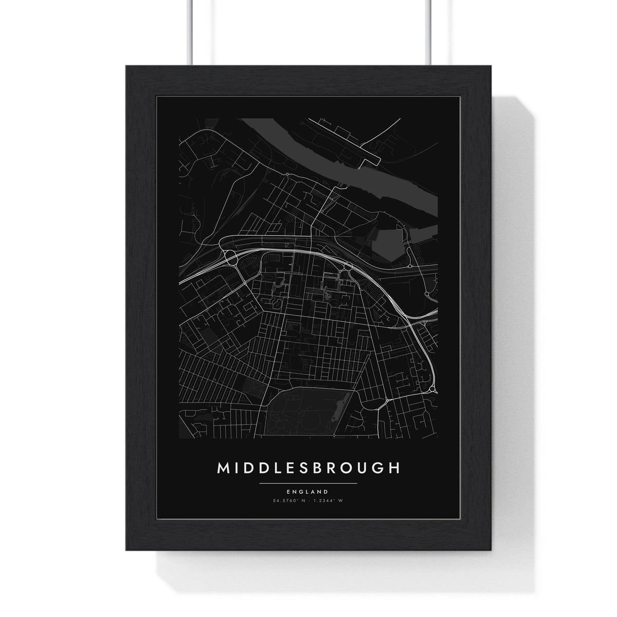 Middlesbrough street map poster in black, minimal city map print framed in a black frame