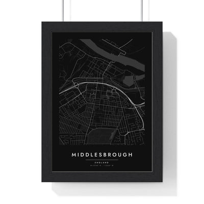 Middlesbrough street map poster in black, minimal city map print framed in a black frame