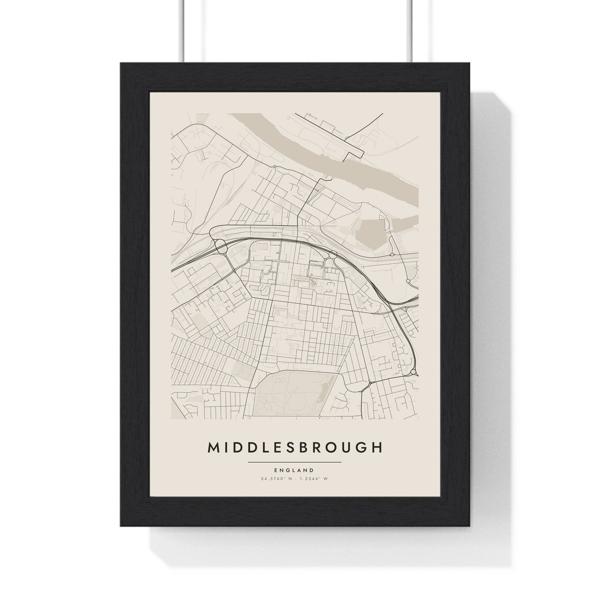 Middlesbrough street map poster in cream, minimal city map print framed in a black frame
