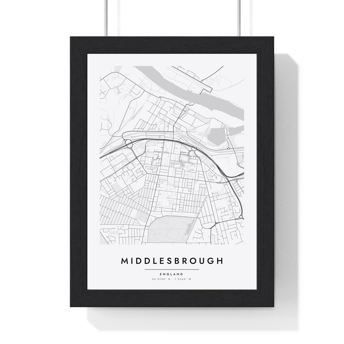 Middlesbrough street map poster in white, minimal city map print framed in a black frame