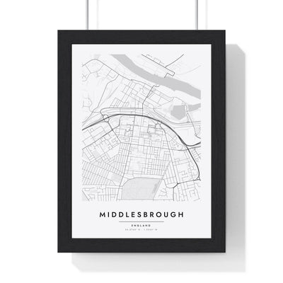 Middlesbrough street map poster in white, minimal city map print framed in a black frame