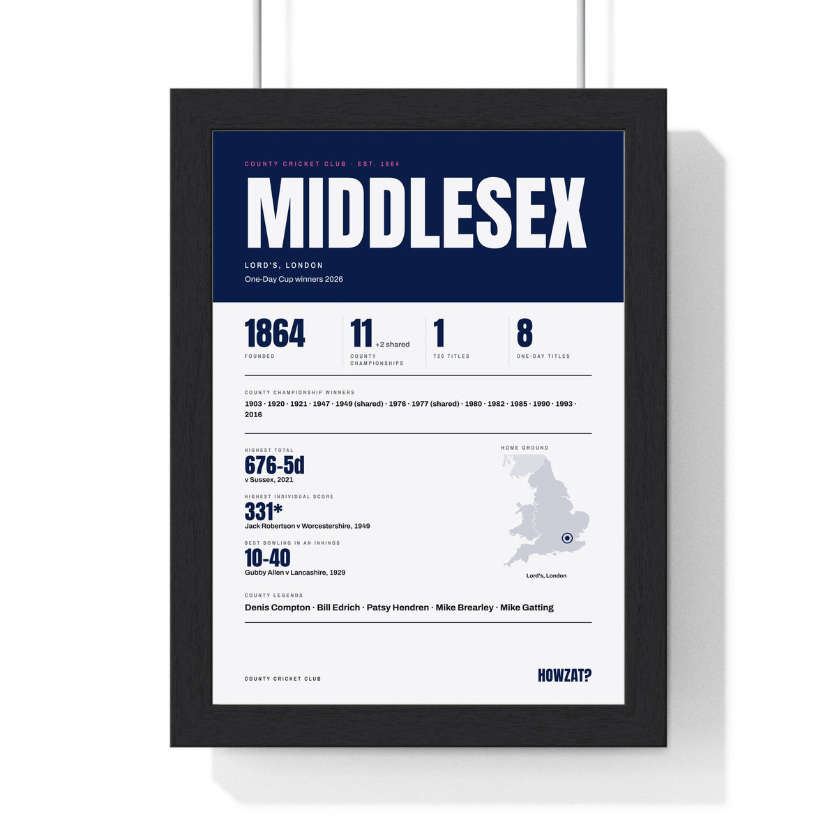 Middlesex Cricket print framed in a black frame, ready to hang