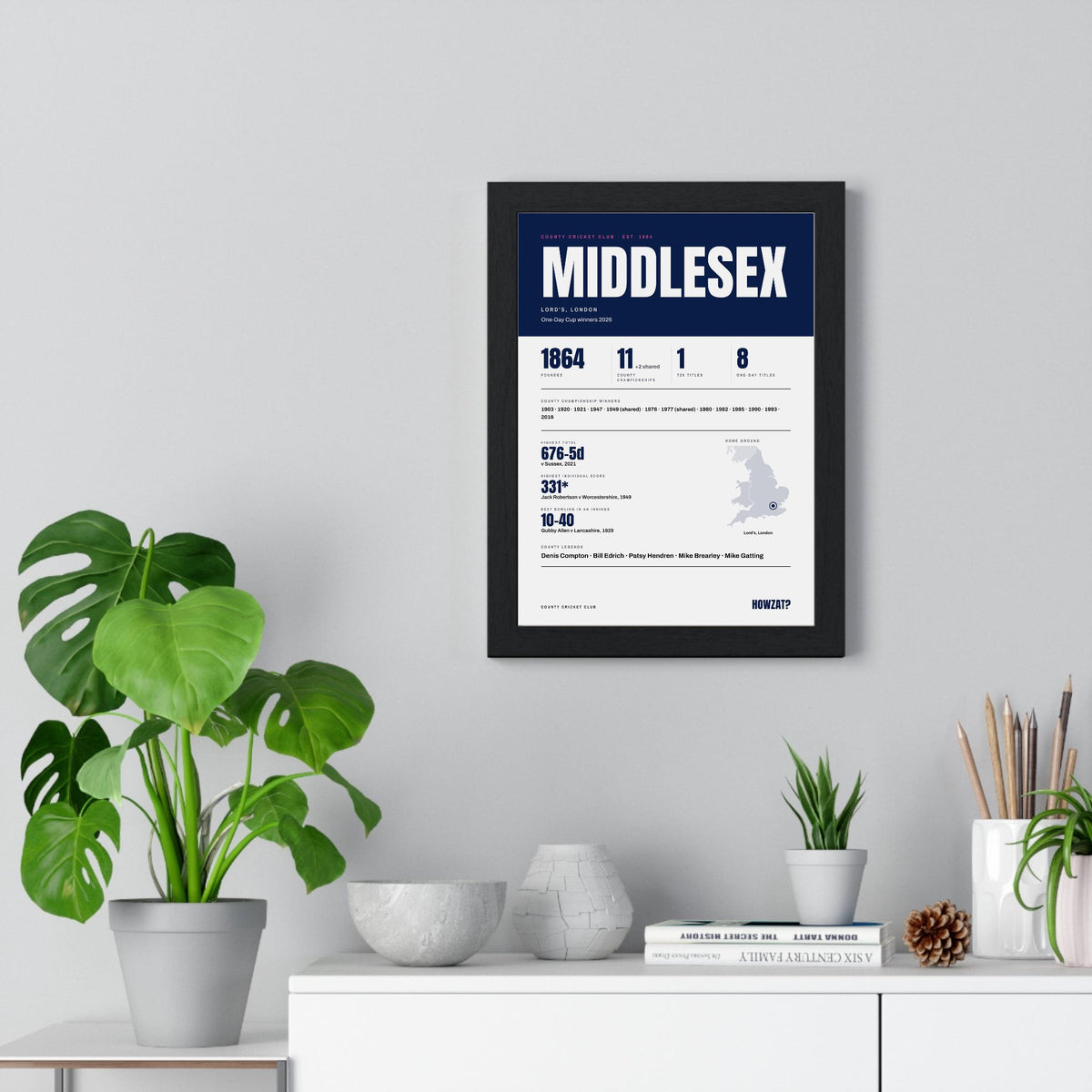 Middlesex Cricket print framed on a living room wall