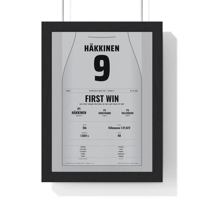 Mika Hakkinen 1997 European Grand Prix Win Poster - 9 Race Suit Print framed in a black frame, ready to hang