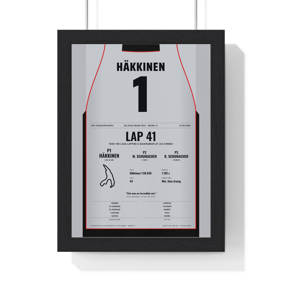 Mika Hakkinen 2000 Belgian Grand Prix Win Poster - 1 Race Suit Print framed in a black frame, ready to hang