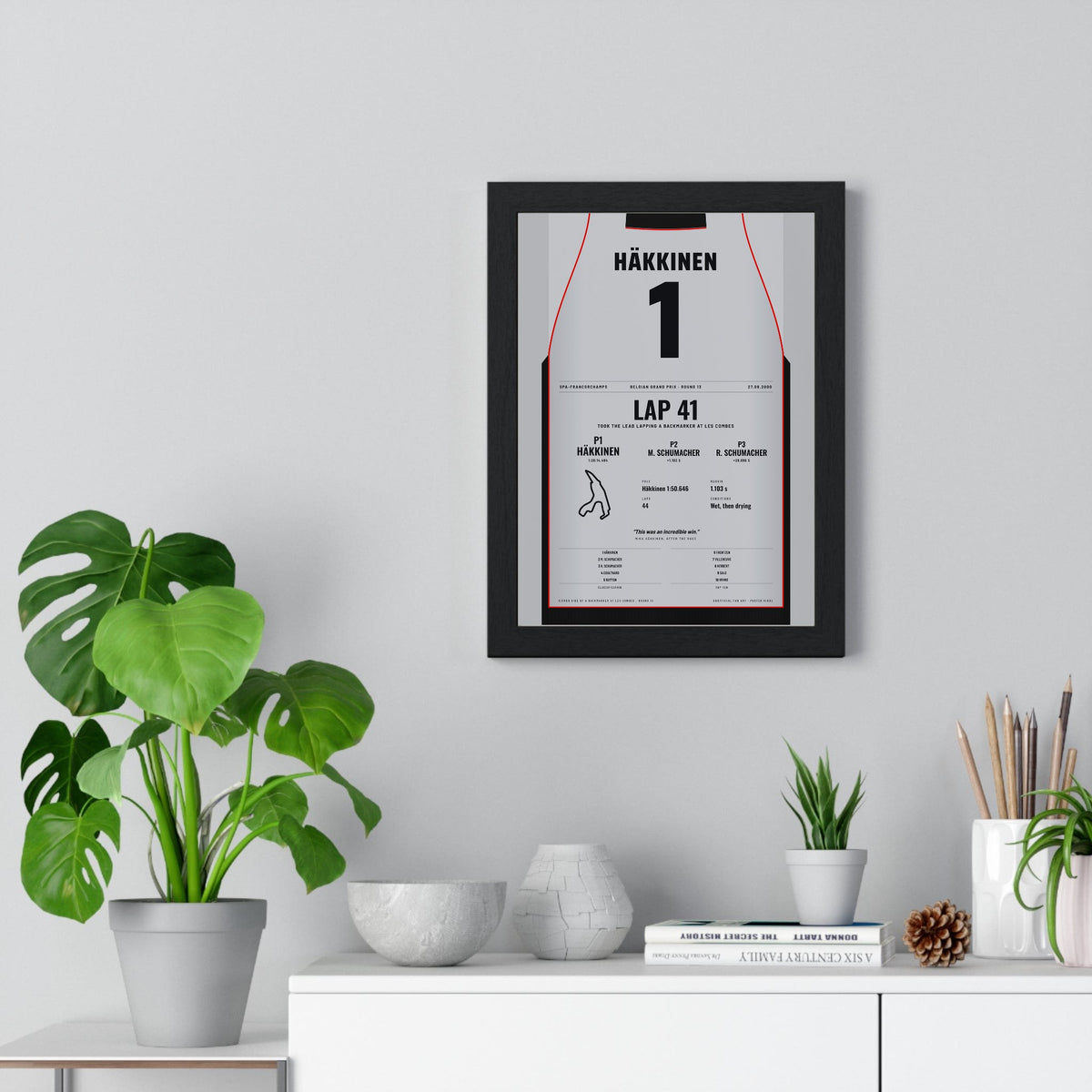 Mika Hakkinen 2000 Belgian Grand Prix Win Poster - 1 Race Suit Print framed on a living room wall
