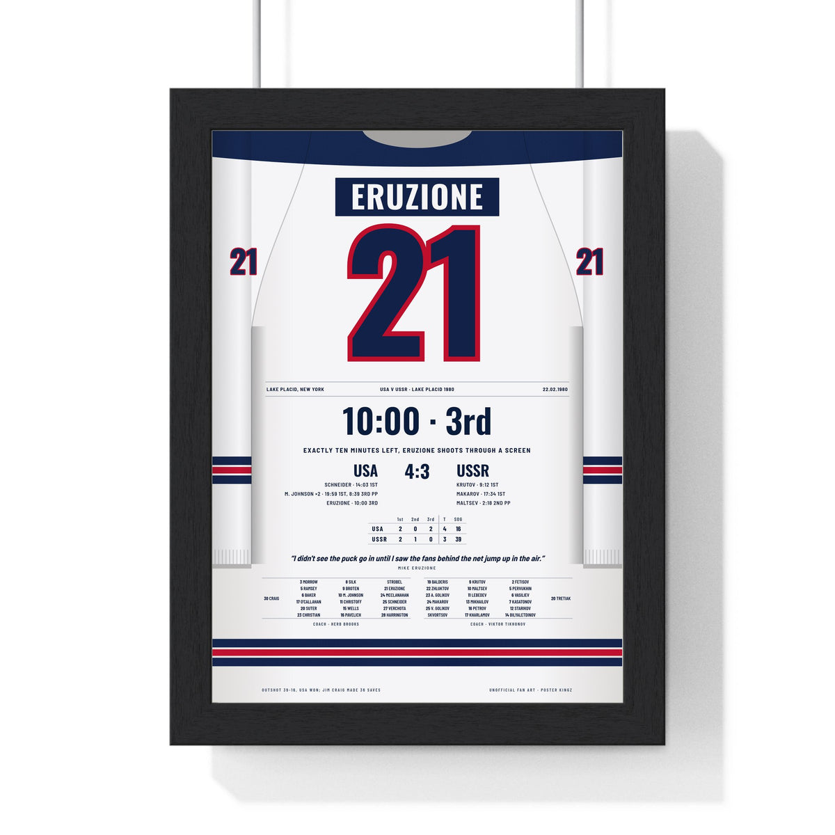 Mike Eruzione 1980 USA v USSR Lake Placid Winner Poster - USA 21 Hockey Jersey Print framed in a black frame, ready to hang