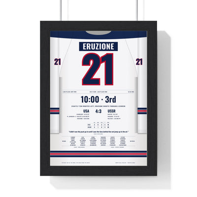 Mike Eruzione 1980 USA v USSR Lake Placid Winner Poster - USA 21 Hockey Jersey Print framed in a black frame, ready to hang