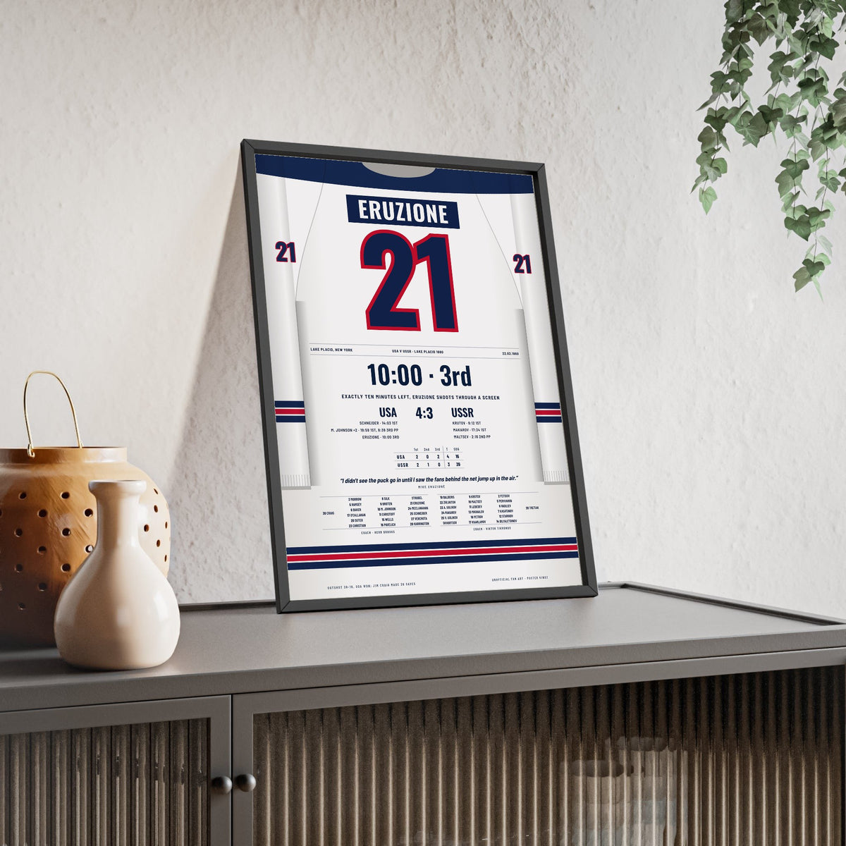 Mike Eruzione 1980 USA v USSR Lake Placid Winner Poster - USA 21 Hockey Jersey Print framed and leaning on a sideboard