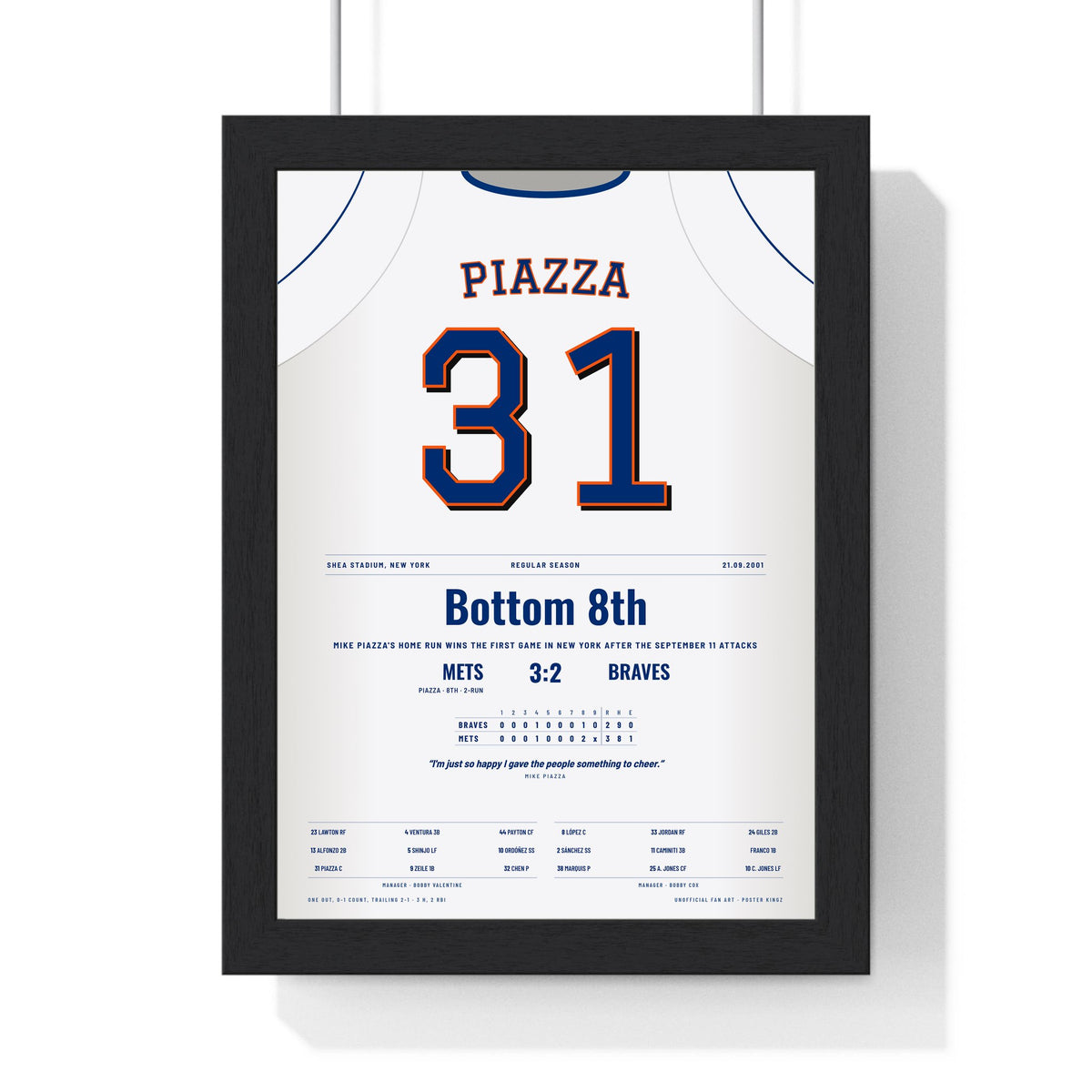 Mike Piazza 2001 Shea Stadium Home Run Poster - New York Mets 31 Jersey Print framed in a black frame, ready to hang
