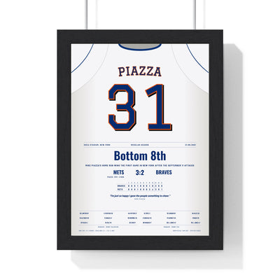 Mike Piazza 2001 Shea Stadium Home Run Poster - New York Mets 31 Jersey Print framed in a black frame, ready to hang