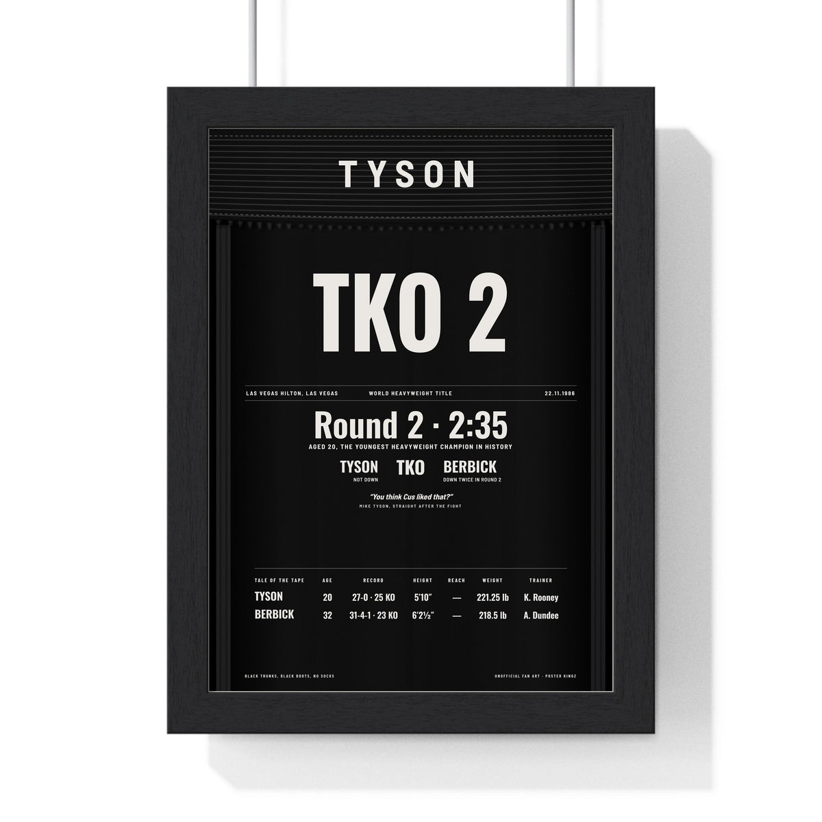 Tyson v Berbick 1986 Boxing Poster framed in a black frame, ready to hang