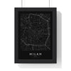 Milan street map poster in black, minimal city map print framed in a black frame
