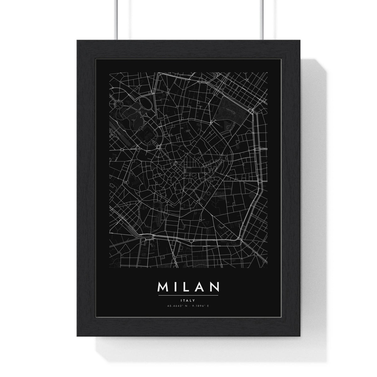 Milan street map poster in black, minimal city map print framed in a black frame