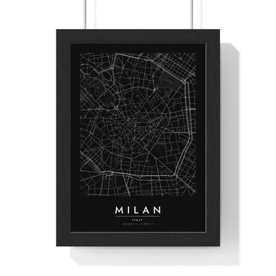 Milan street map poster in black, minimal city map print framed in a black frame
