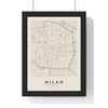 Milan street map poster in cream, minimal city map print framed in a black frame