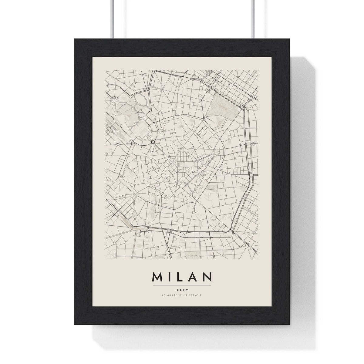 Milan street map poster in cream, minimal city map print framed in a black frame