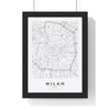 Milan street map poster in white, minimal city map print framed in a black frame