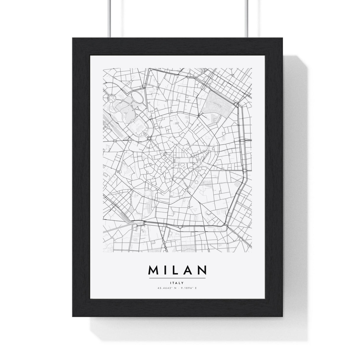 Milan street map poster in white, minimal city map print framed in a black frame