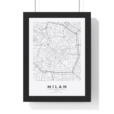 Milan street map poster in white, minimal city map print framed in a black frame