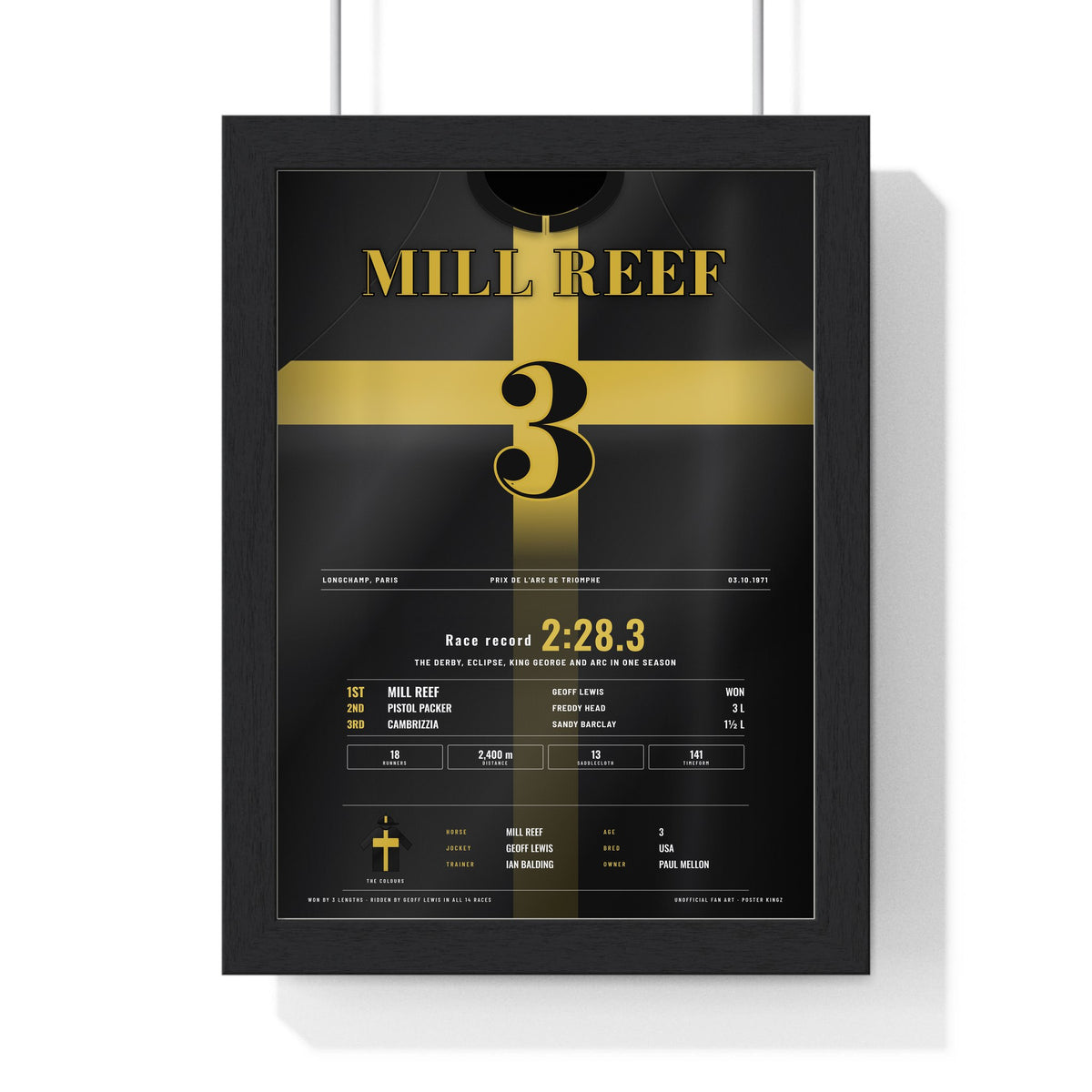 Mill Reef Prix de l'Arc de Triomphe 1971 Horse Racing Poster - Record Time Silks Print framed in a black frame, ready to hang