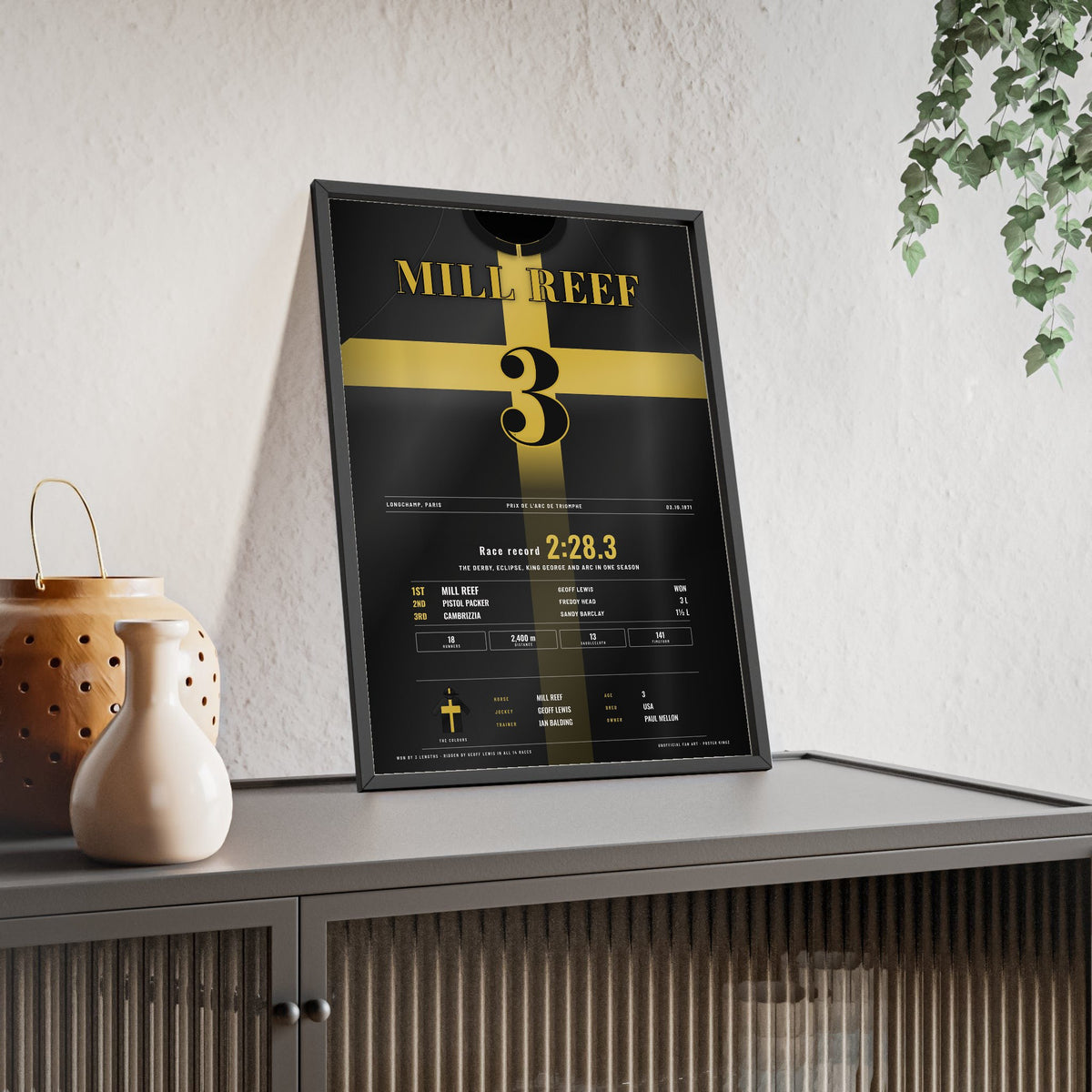 Mill Reef Prix de l'Arc de Triomphe 1971 Horse Racing Poster - Record Time Silks Print framed and leaning on a sideboard
