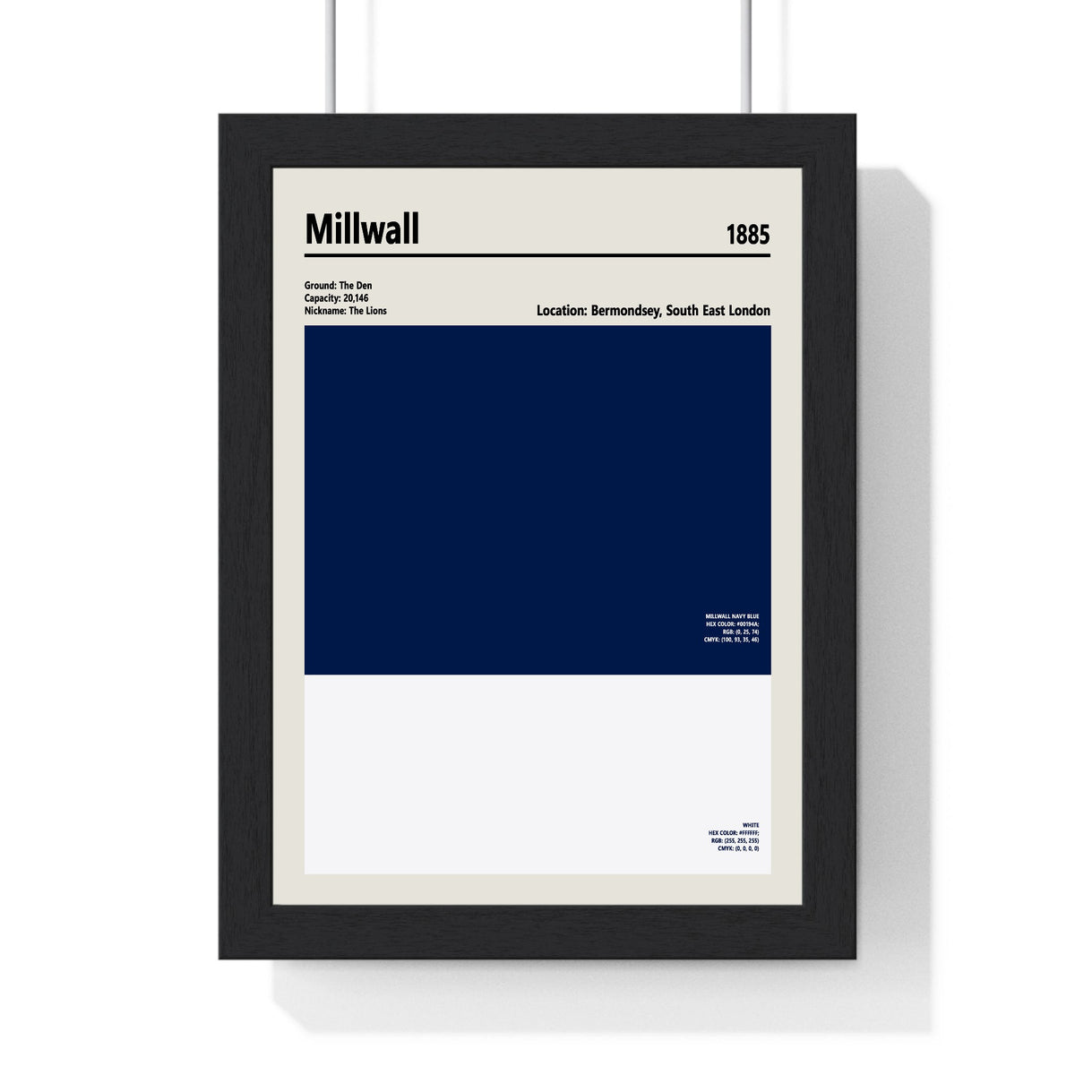 Millwall Colour Swatch Print framed in a black frame, ready to hang