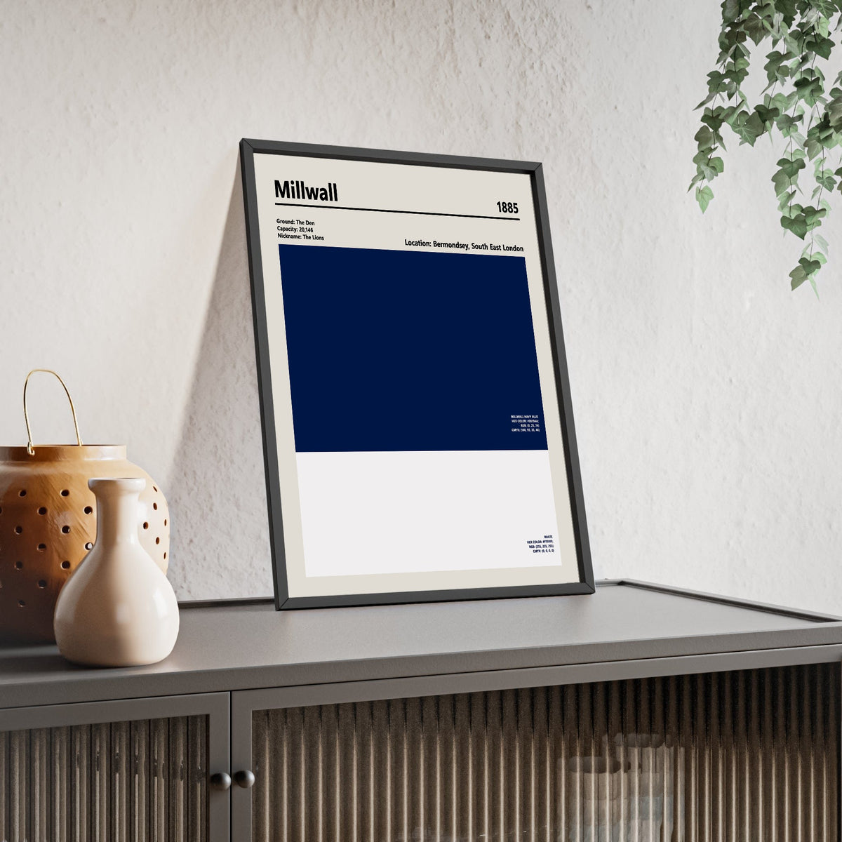 Millwall Colour Swatch Print framed and leaning on a sideboard