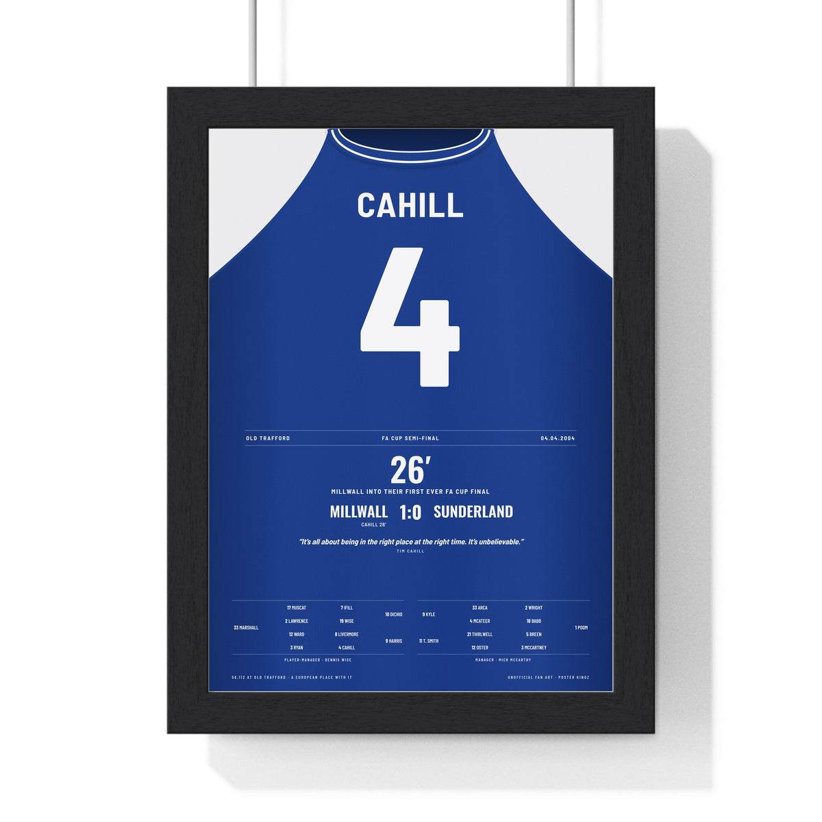 Millwall FA Cup Semi-Final 2004 Poster - Tim Cahill 4 framed in a black frame, ready to hang
