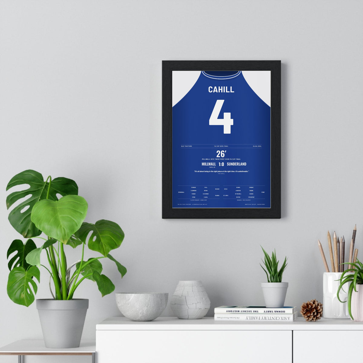 Millwall FA Cup Semi-Final 2004 Poster - Tim Cahill 4 framed on a living room wall