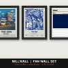 Millwall Fan Wall Set | The Den Print, Stadium Map & Club Colours - framed prints shown together as a set