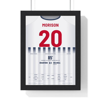 Millwall Play-Off Final 2017 Poster - Steve Morison 20 Wembley Shirt Print framed in a black frame, ready to hang