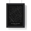 Milton Keynes street map poster in black, minimal city map print framed in a black frame