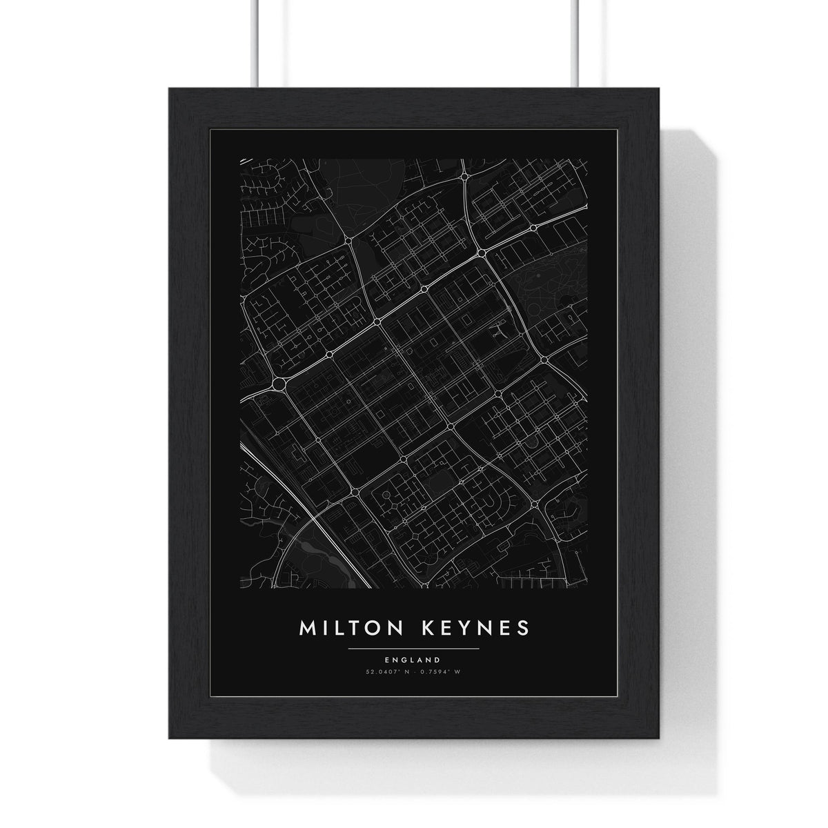 Milton Keynes street map poster in black, minimal city map print framed in a black frame